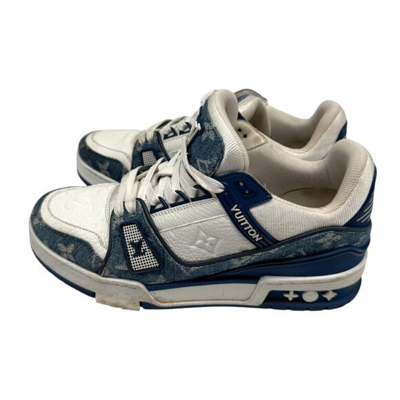 Louis Vuitton Leather Denim Monogram LV Trainer Sneaker Blue White Size 3.5 - Picture 2 of 16
